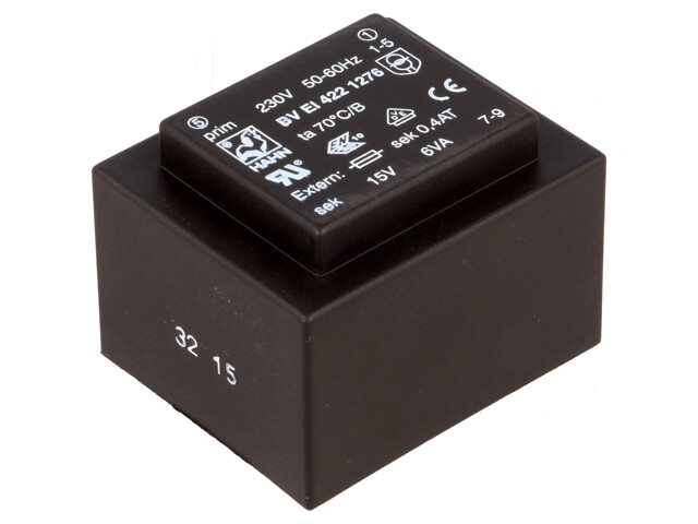 Transformator: ingegoten; 6VA; 230VAC; 15V; 400mA; PCB; BVEI Transformator: ingegoten; 6VA; 230VAC; 15V; 400mA; PCB; BVEI